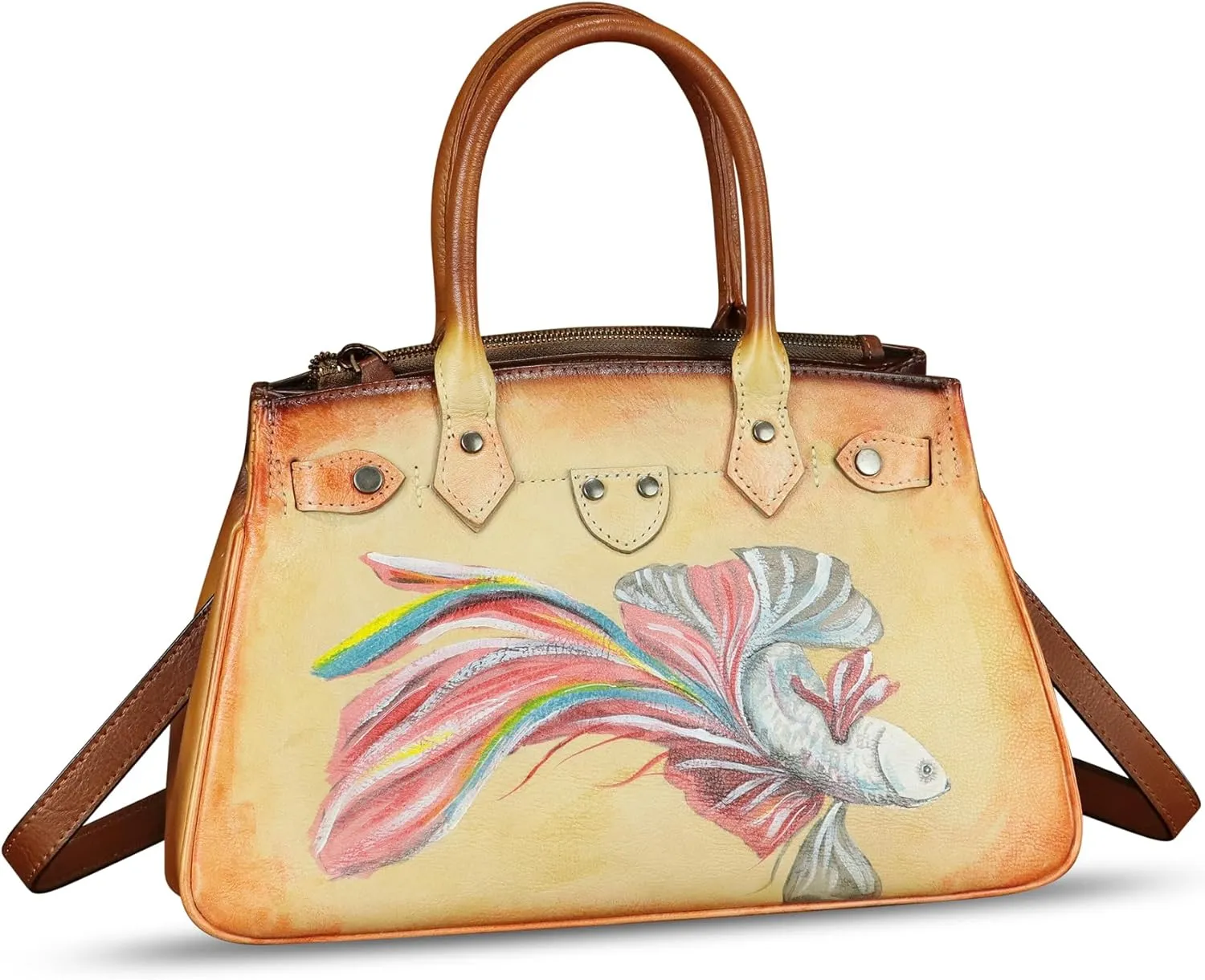 Genuine Leather Satchel for Women Hand Painted Leather Handbag Top Handle Bags Handmade Crossbody Purse Work Tote
