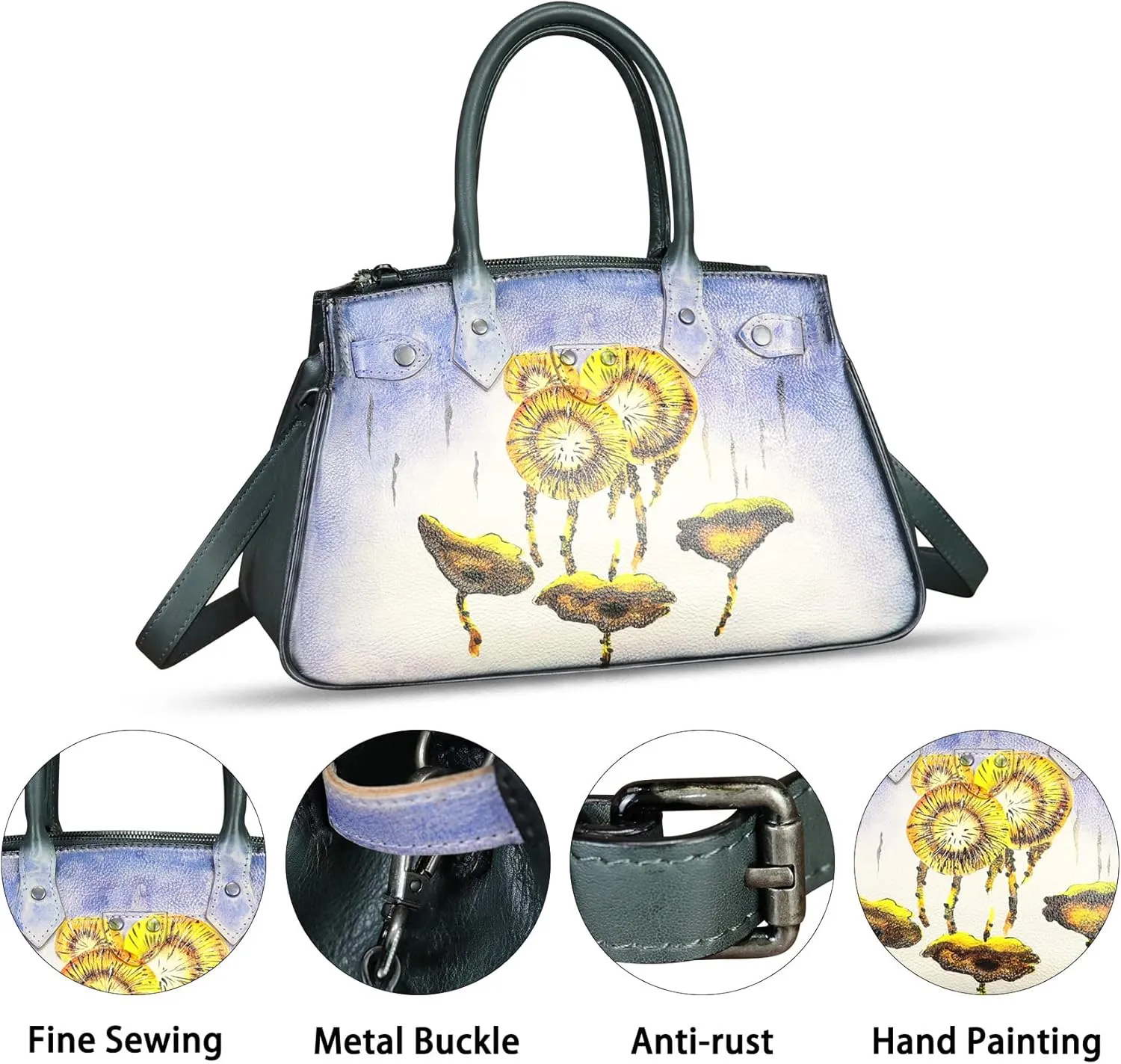 Genuine Leather Satchel for Women Hand Painted Leather Handbag Top Handle Bags Handmade Crossbody Purse Work Tote