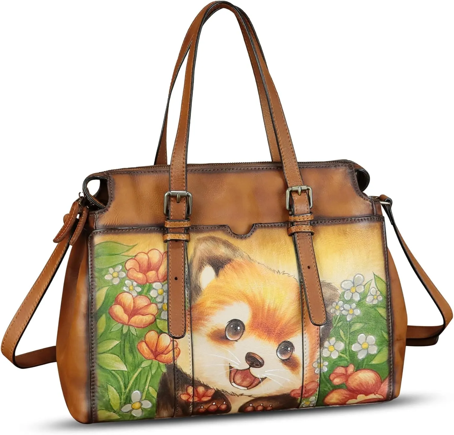 Genuine Leather Satchel for Women Hand Painted Pattern Handbag Top Handle Bags Handmade Crossbody Purse Work Tote