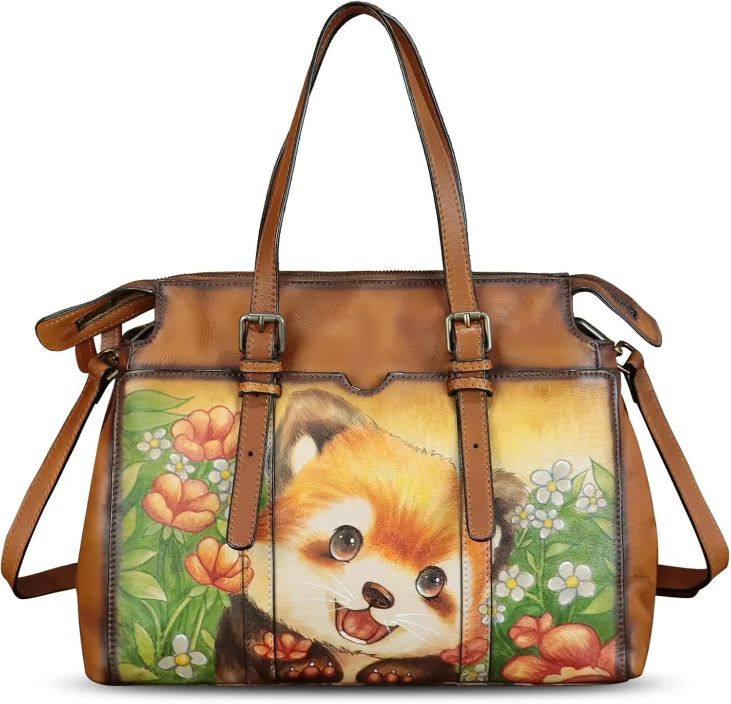 Genuine Leather Satchel for Women Hand Painted Pattern Handbag Top Handle Bags Handmade Crossbody Purse Work Tote