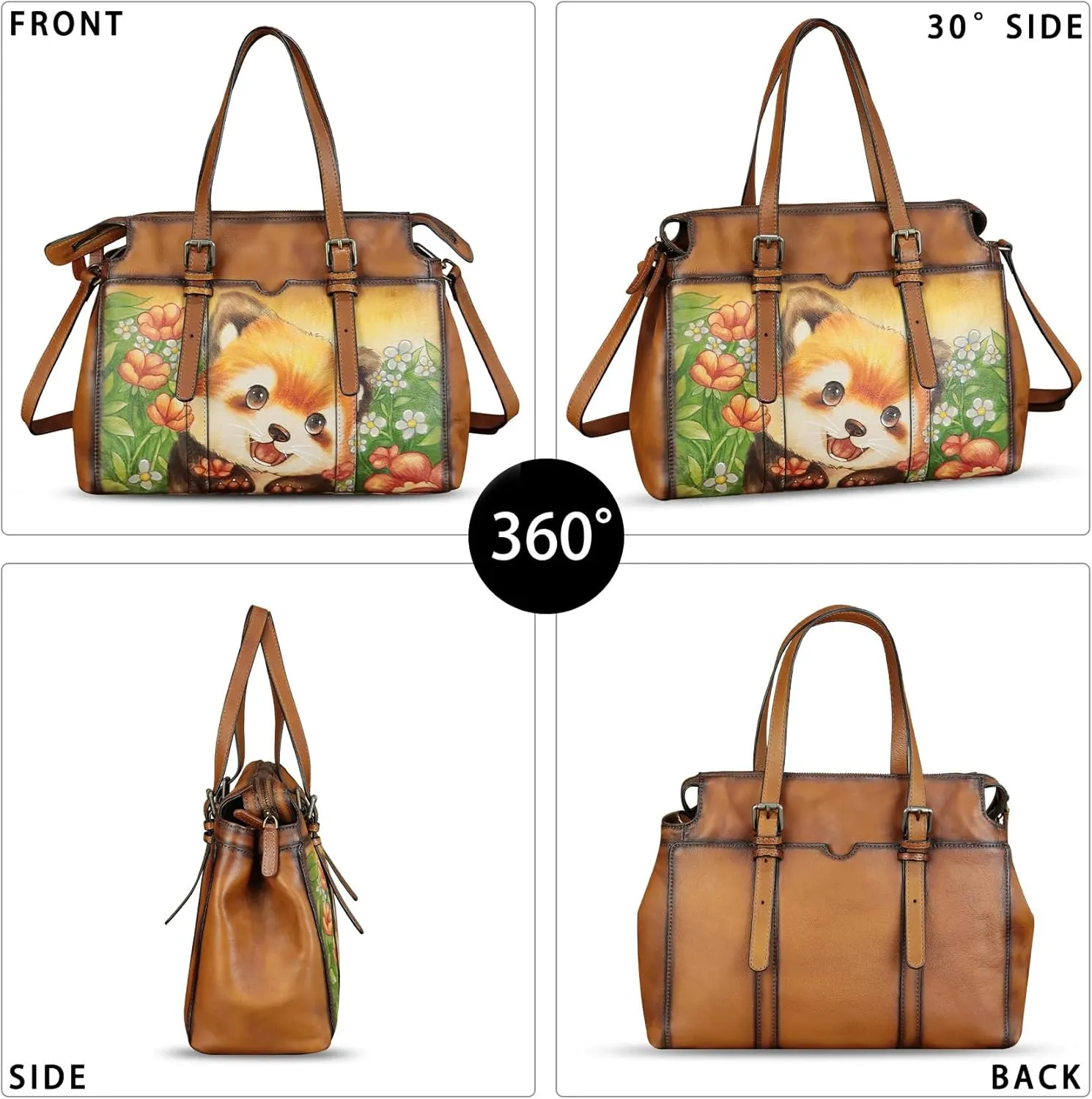 Genuine Leather Satchel for Women Hand Painted Pattern Handbag Top Handle Bags Handmade Crossbody Purse Work Tote
