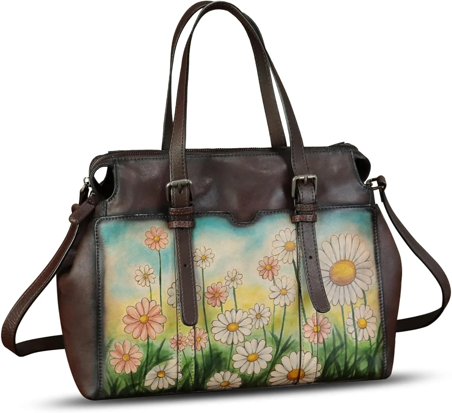 Genuine Leather Satchel for Women Hand Painted Pattern Handbag Top Handle Bags Handmade Crossbody Purse Work Tote