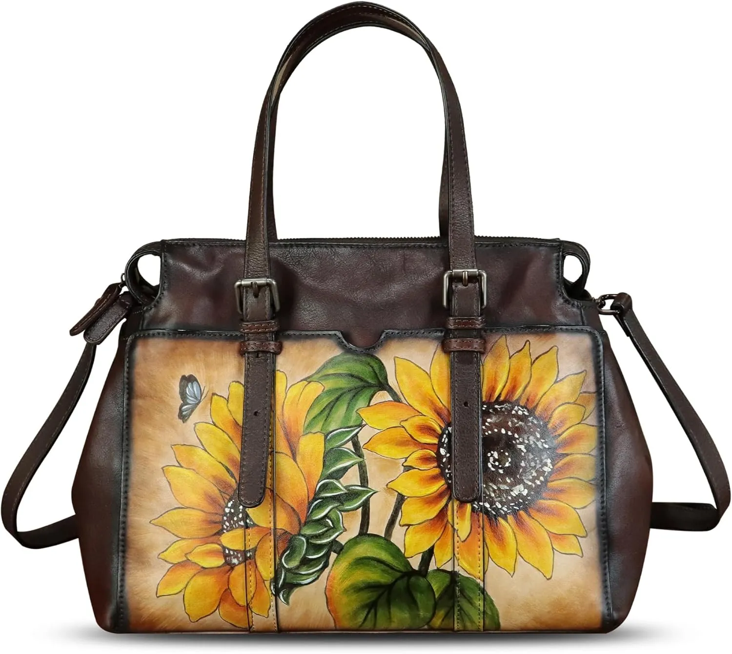 Genuine Leather Satchel for Women Hand Painted Pattern Handbag Top Handle Bags Handmade Crossbody Purse Work Tote