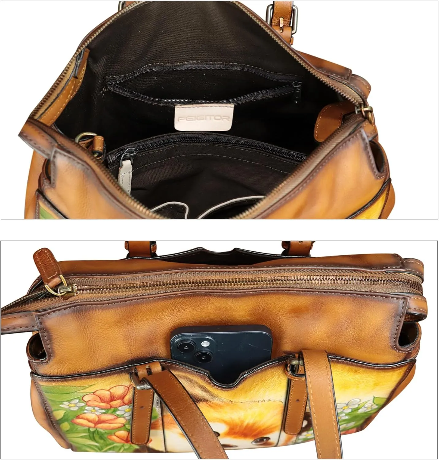 Genuine Leather Satchel for Women Hand Painted Pattern Handbag Top Handle Bags Handmade Crossbody Purse Work Tote