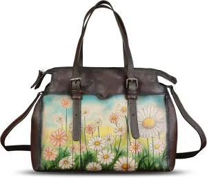 Genuine Leather Satchel for Women Hand Painted Pattern Handbag Top Handle Bags Handmade Crossbody Purse Work Tote
