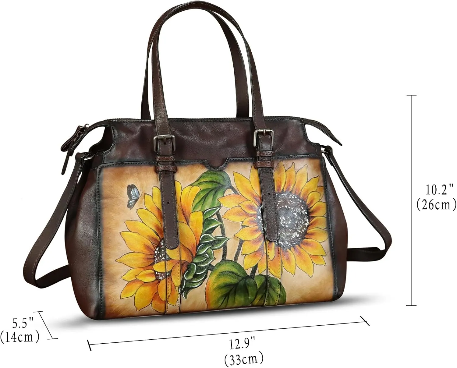Genuine Leather Satchel for Women Hand Painted Pattern Handbag Top Handle Bags Handmade Crossbody Purse Work Tote