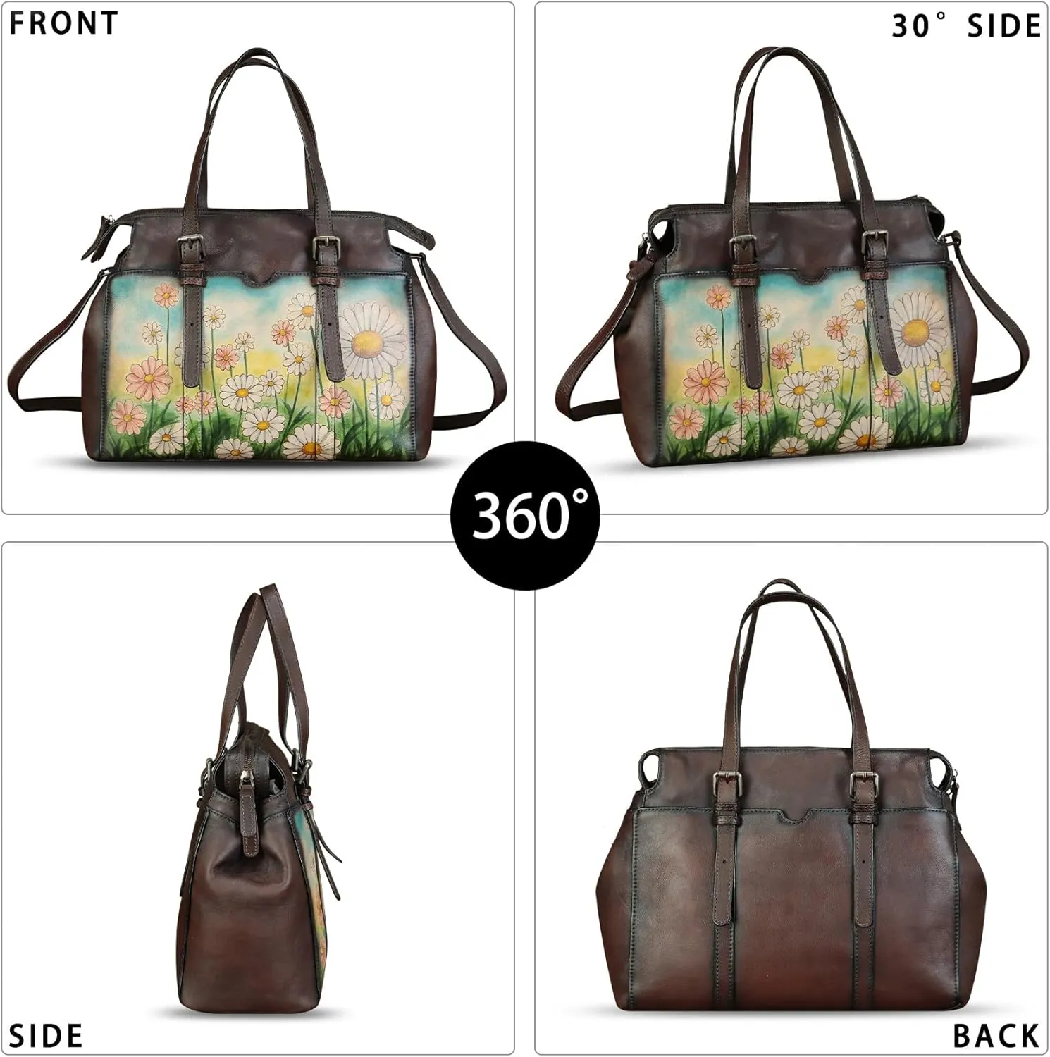 Genuine Leather Satchel for Women Hand Painted Pattern Handbag Top Handle Bags Handmade Crossbody Purse Work Tote