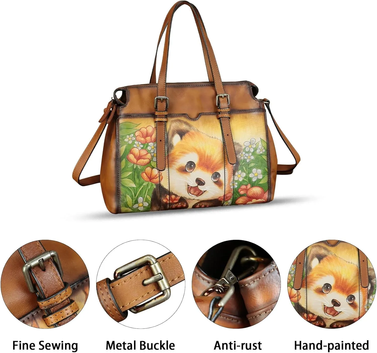 Genuine Leather Satchel for Women Hand Painted Pattern Handbag Top Handle Bags Handmade Crossbody Purse Work Tote