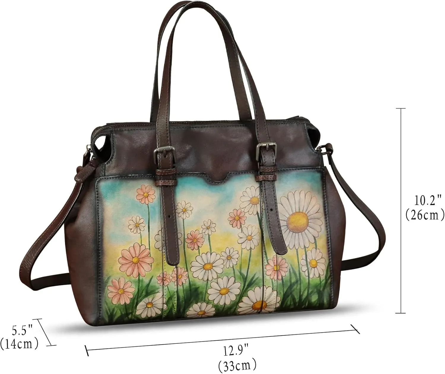 Genuine Leather Satchel for Women Hand Painted Pattern Handbag Top Handle Bags Handmade Crossbody Purse Work Tote