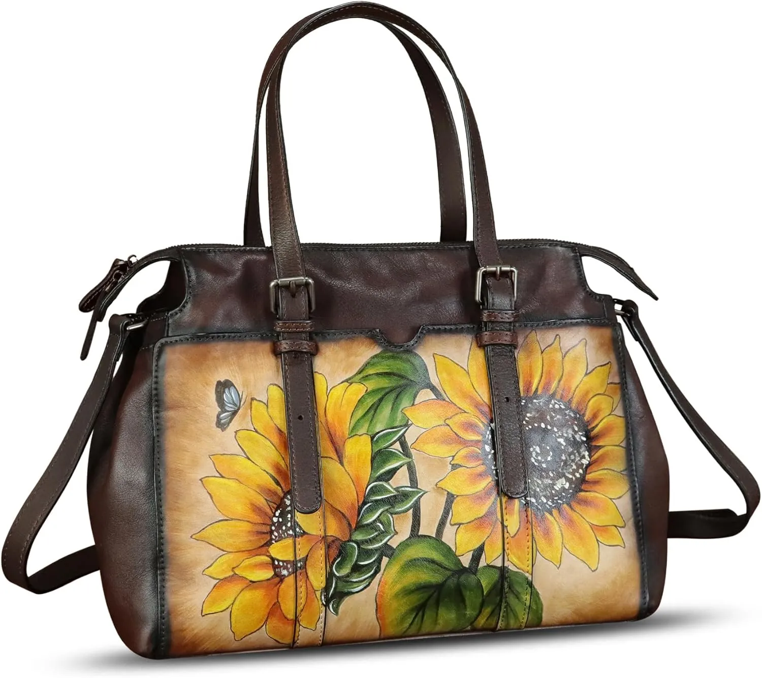 Genuine Leather Satchel for Women Hand Painted Pattern Handbag Top Handle Bags Handmade Crossbody Purse Work Tote