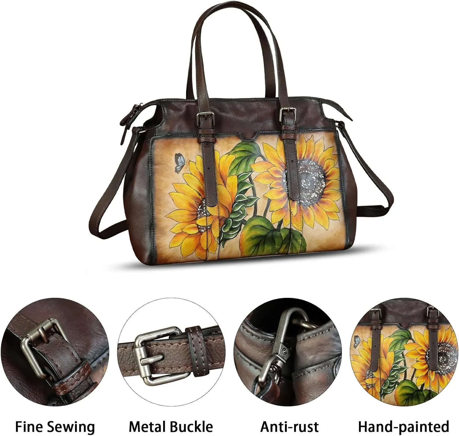 Genuine Leather Satchel for Women Hand Painted Pattern Handbag Top Handle Bags Handmade Crossbody Purse Work Tote