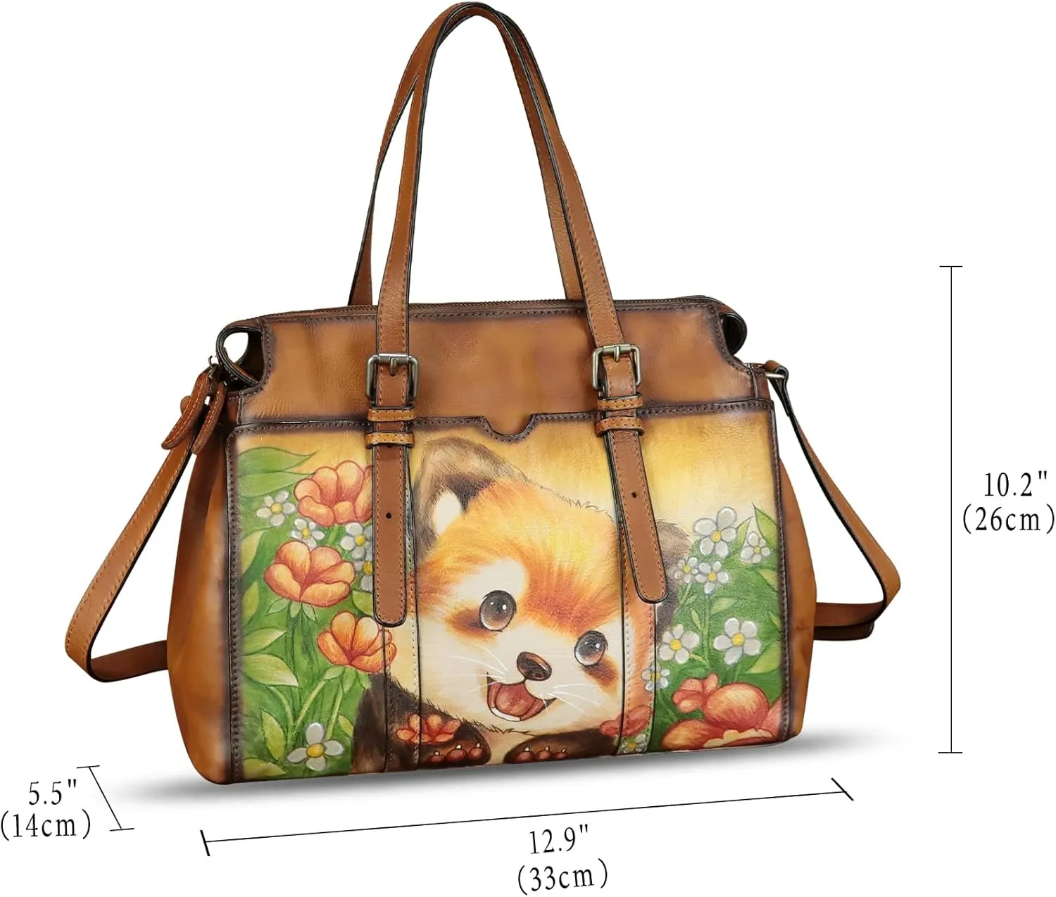 Genuine Leather Satchel for Women Hand Painted Pattern Handbag Top Handle Bags Handmade Crossbody Purse Work Tote