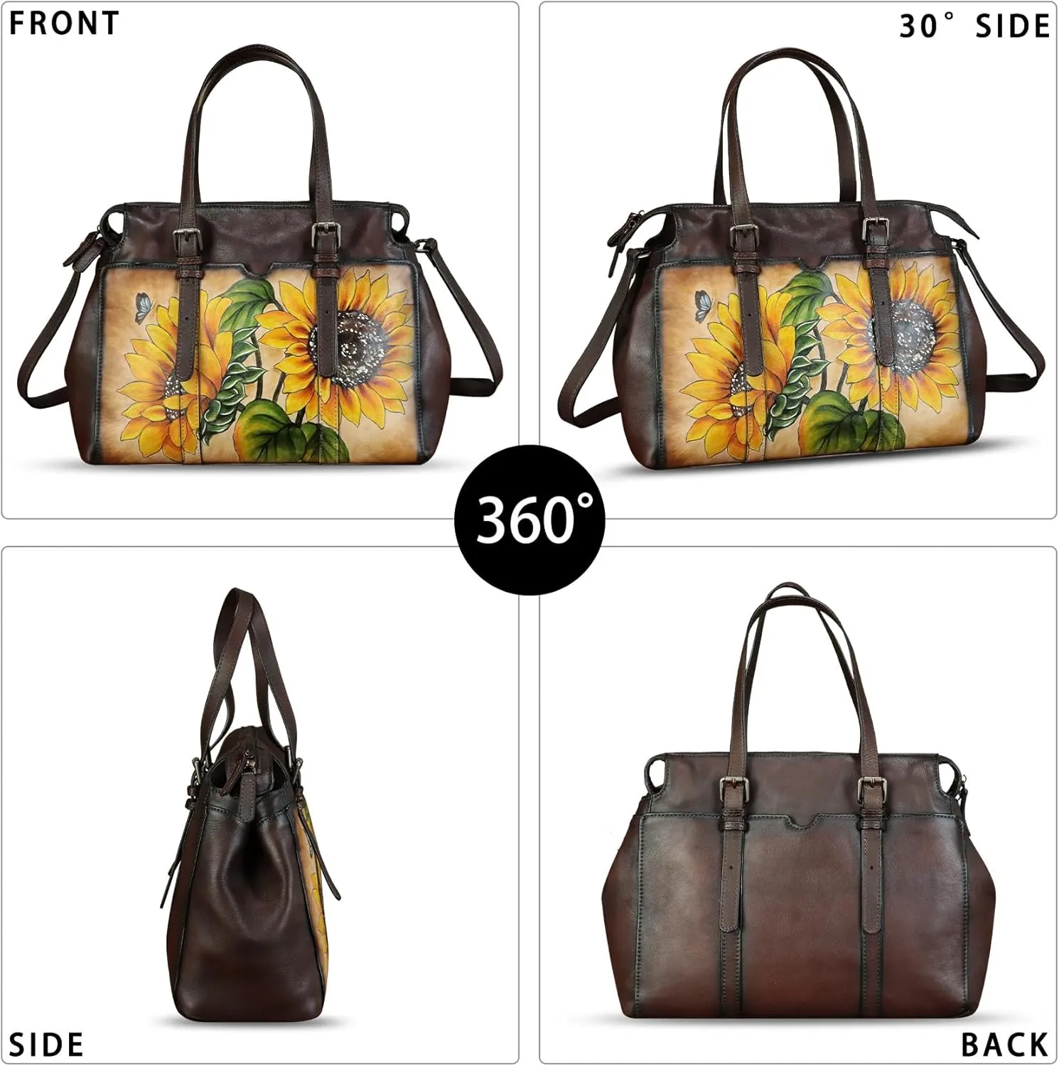 Genuine Leather Satchel for Women Hand Painted Pattern Handbag Top Handle Bags Handmade Crossbody Purse Work Tote