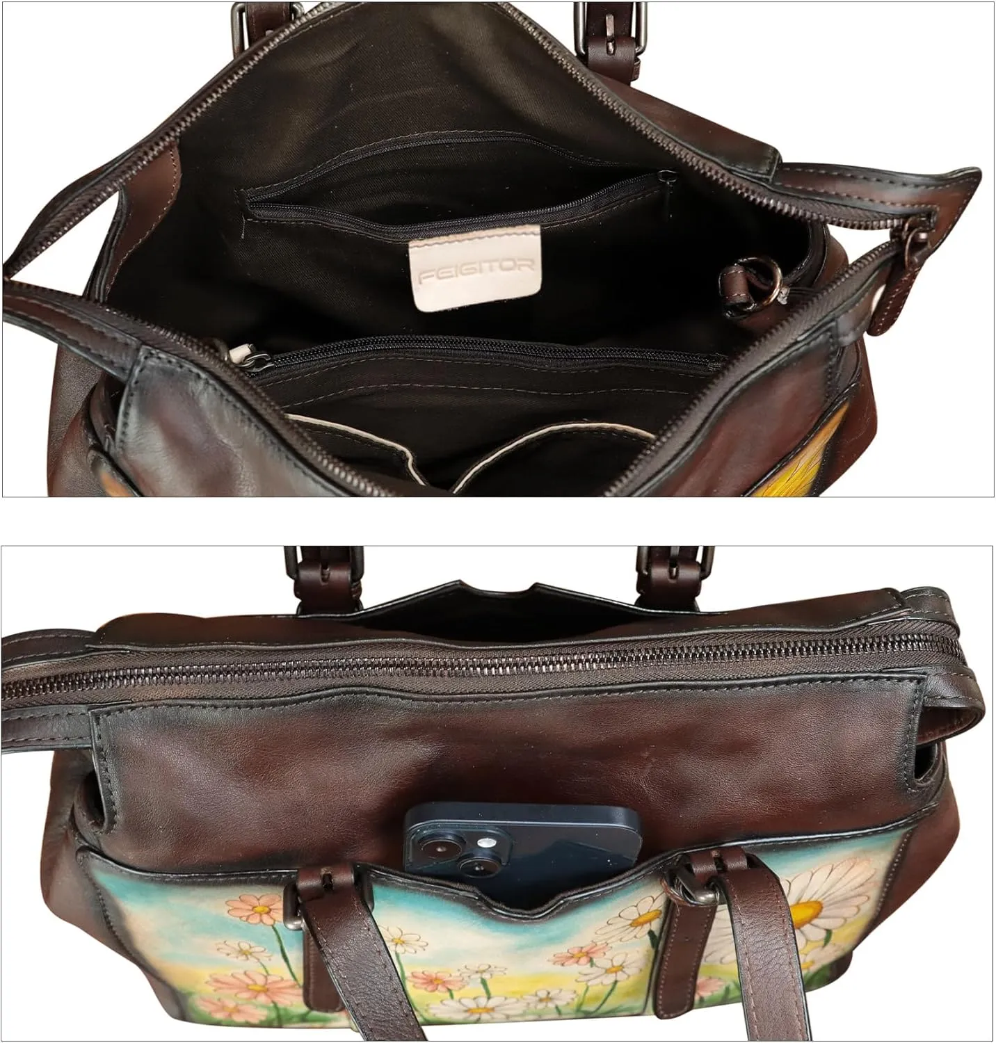 Genuine Leather Satchel for Women Hand Painted Pattern Handbag Top Handle Bags Handmade Crossbody Purse Work Tote