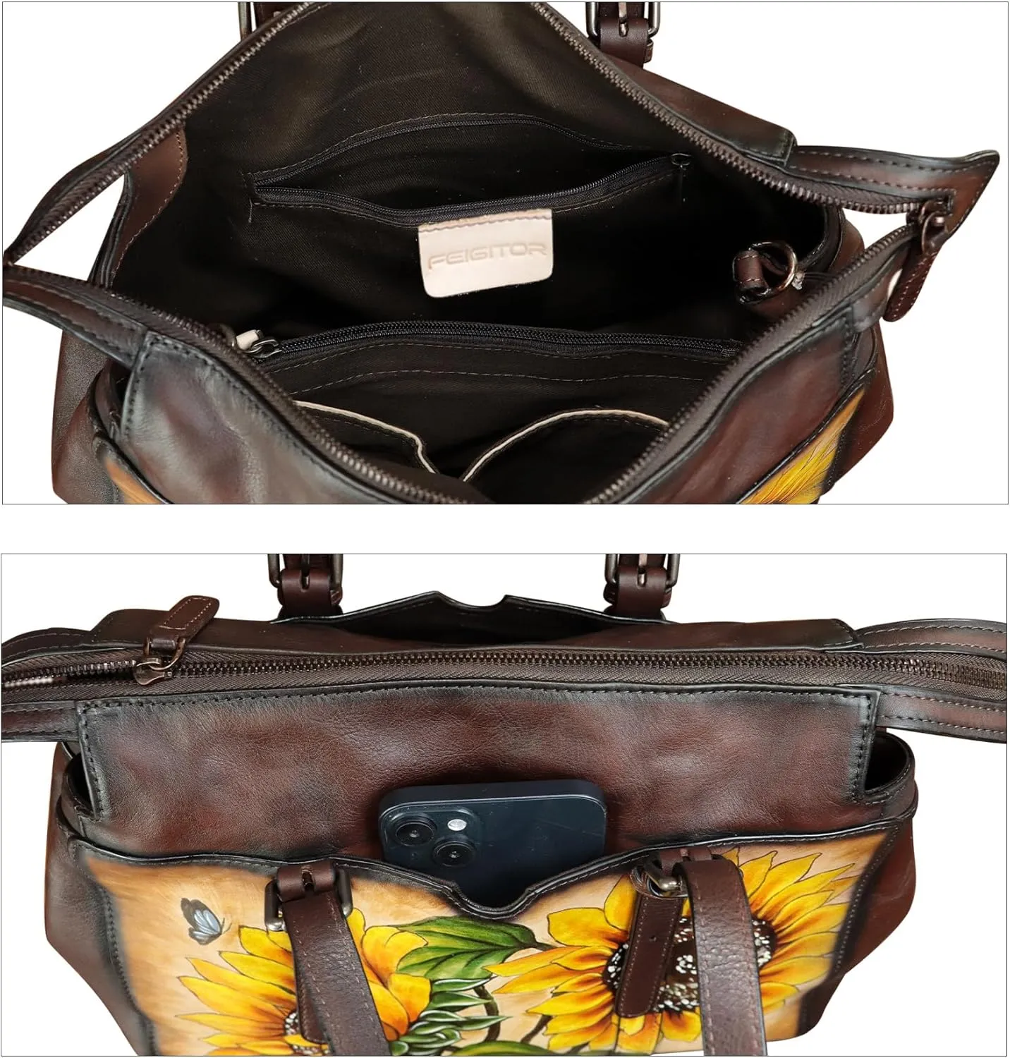 Genuine Leather Satchel for Women Hand Painted Pattern Handbag Top Handle Bags Handmade Crossbody Purse Work Tote