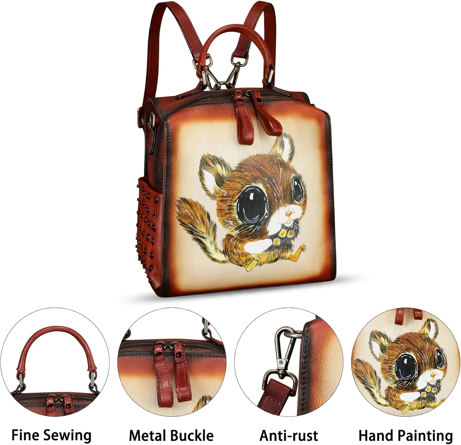 Genuine Leather Satchel for Women Hand Painted Purse Crossbody Handbag Top Handle Bags Handmade Convertible Backpack