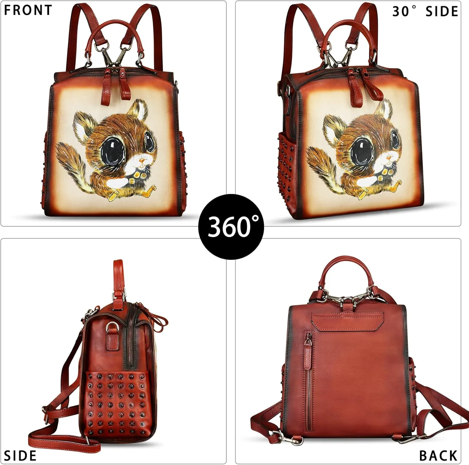 Genuine Leather Satchel for Women Hand Painted Purse Crossbody Handbag Top Handle Bags Handmade Convertible Backpack