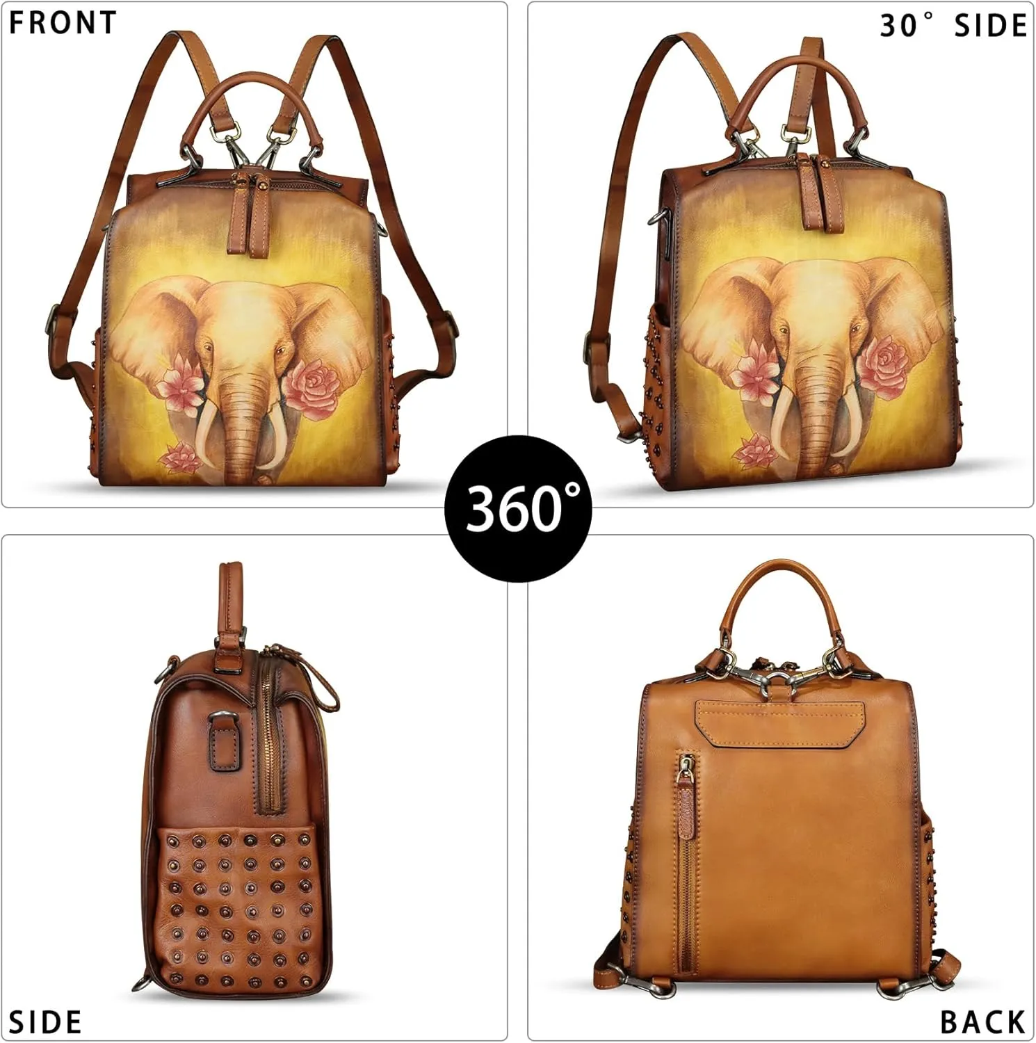 Genuine Leather Satchel for Women Hand Painted Purse Crossbody Handbag Top Handle Bags Handmade Convertible Backpack