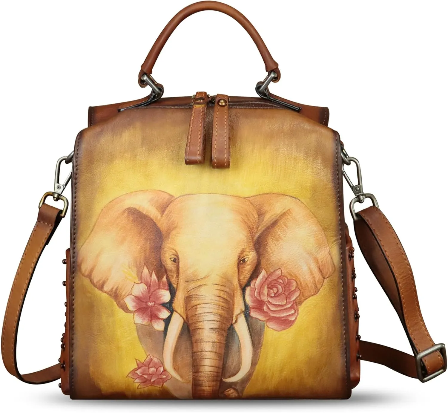 Genuine Leather Satchel for Women Hand Painted Purse Crossbody Handbag Top Handle Bags Handmade Convertible Backpack