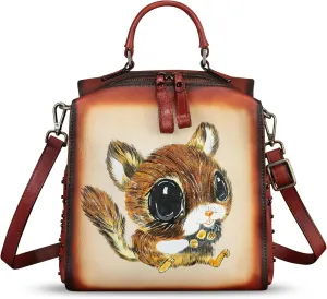 Genuine Leather Satchel for Women Hand Painted Purse Crossbody Handbag Top Handle Bags Handmade Convertible Backpack
