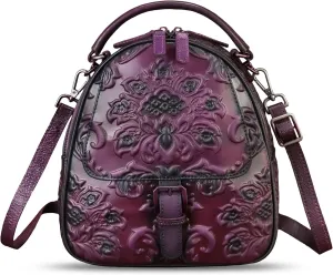 Genuine Leather Satchel for Women Purse Embossed Crossbody Handbag Top Handle Bags Handmade Convertible Backpack Knapsack