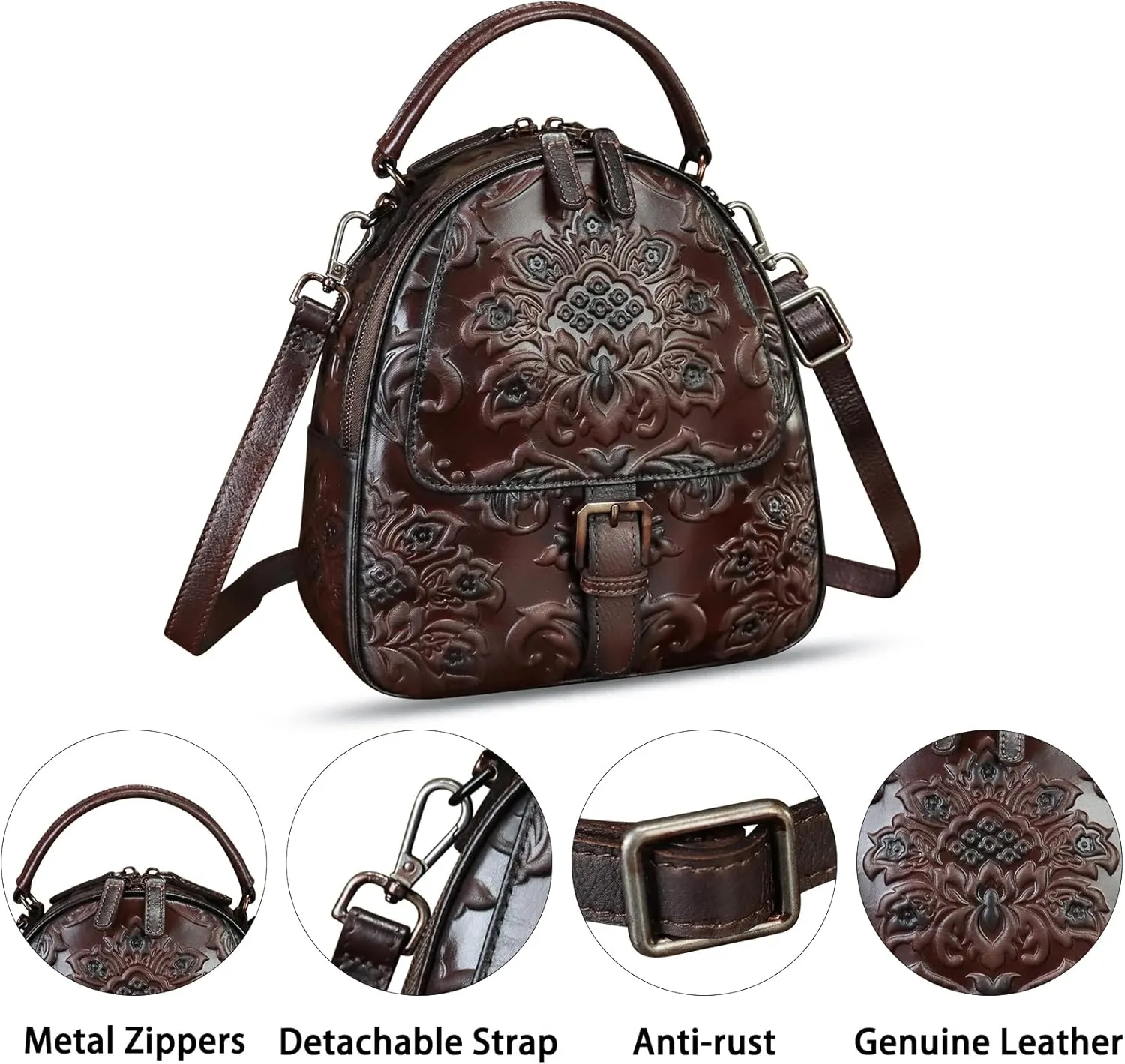 Genuine Leather Satchel for Women Purse Embossed Crossbody Handbag Top Handle Bags Handmade Convertible Backpack Knapsack