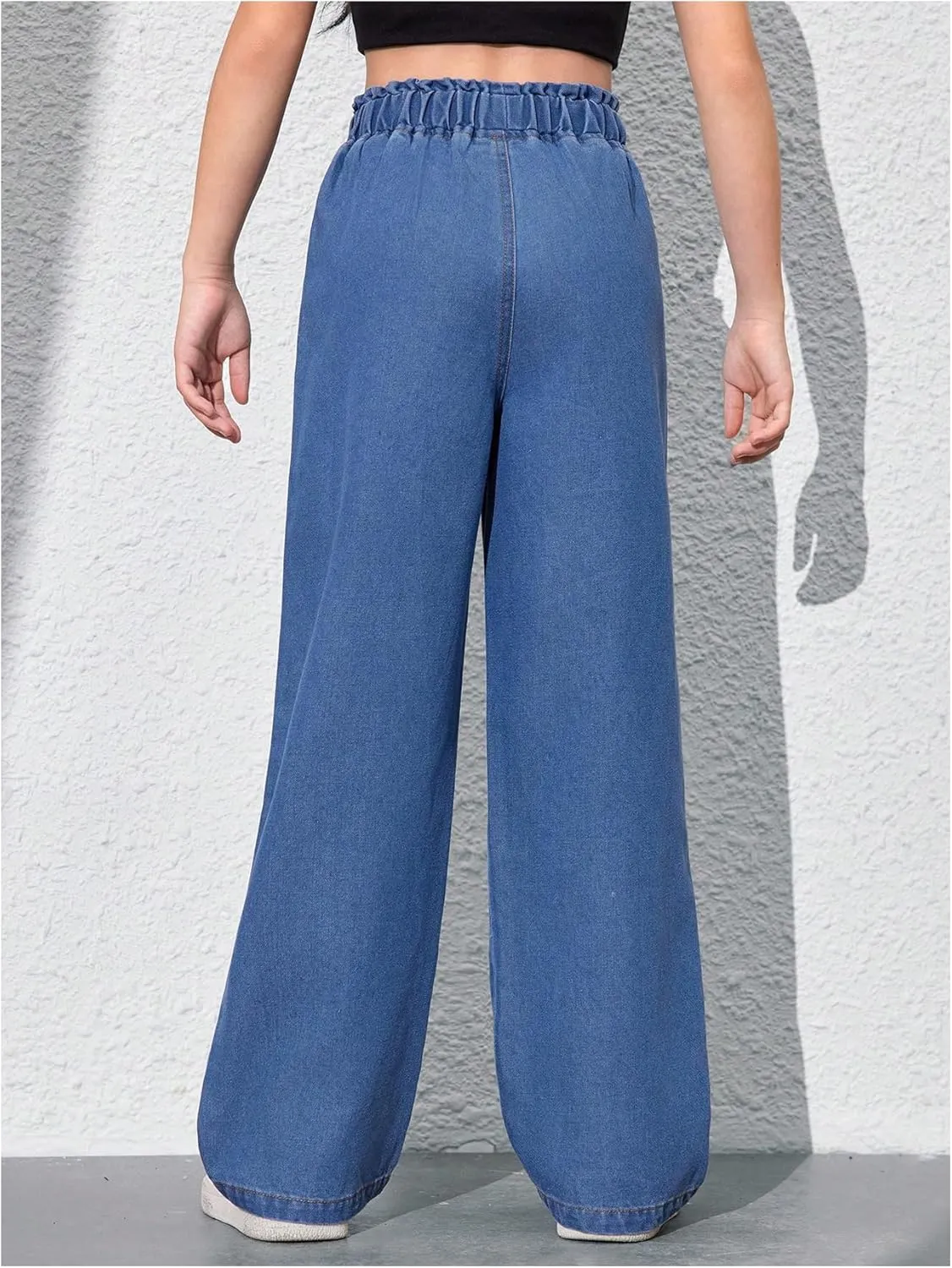 Girl's Drawstring Elastic High Waisted Jeans Straight Leg Denim Pants Casual Jeans with Pockets