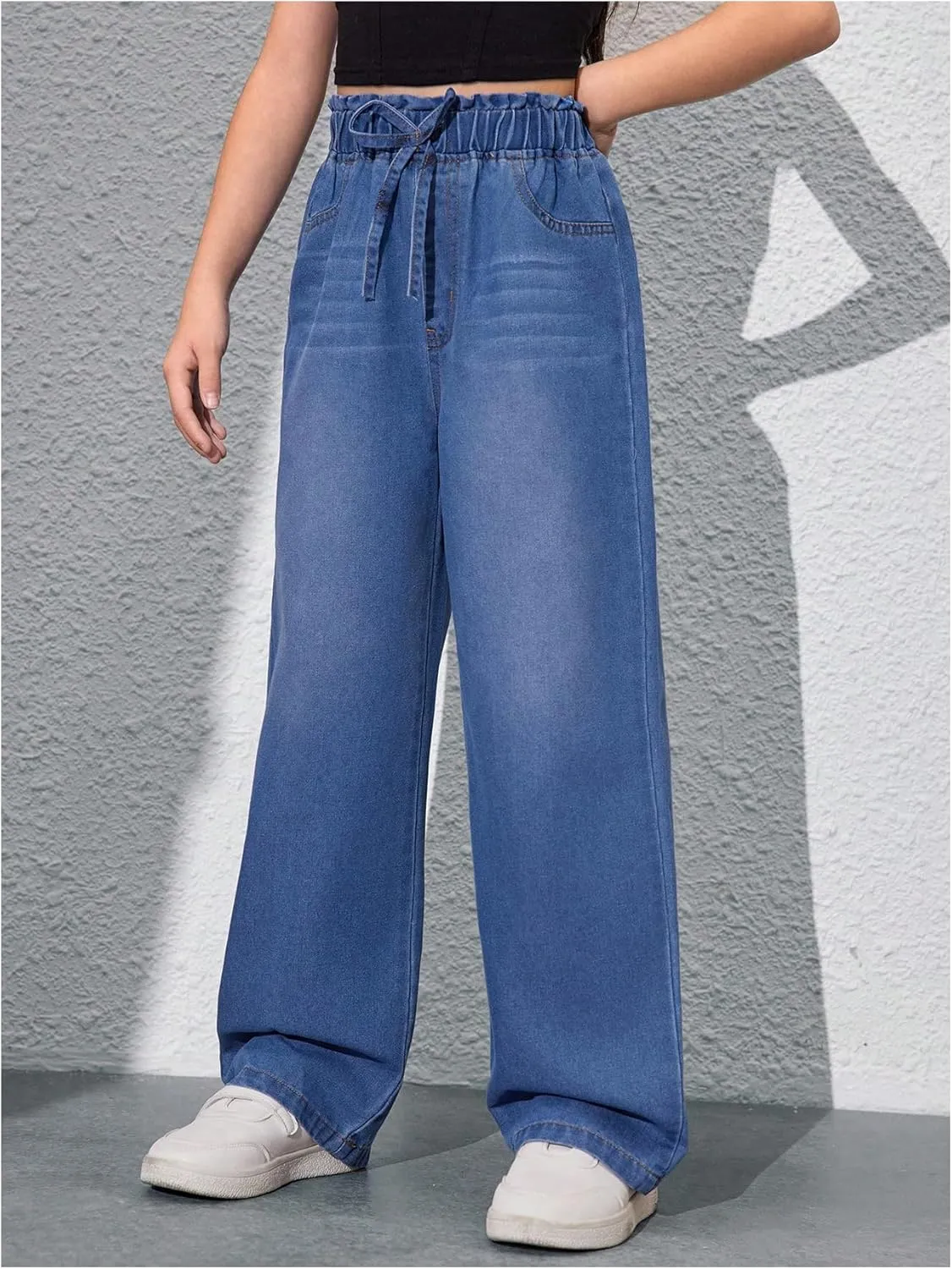 Girl's Drawstring Elastic High Waisted Jeans Straight Leg Denim Pants Casual Jeans with Pockets