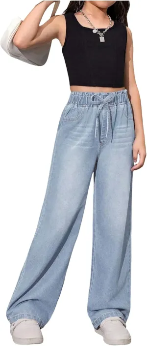 Girl's Drawstring Elastic High Waisted Jeans Straight Leg Denim Pants Casual Jeans with Pockets