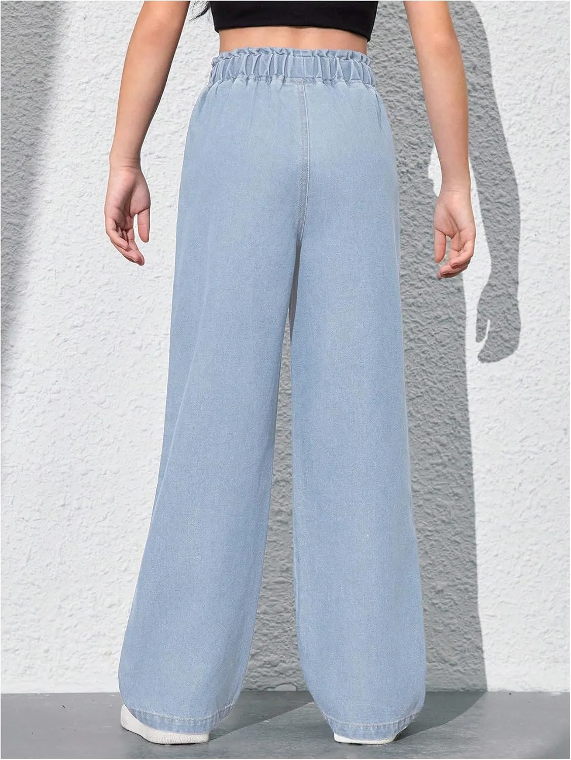 Girl's Drawstring Elastic High Waisted Jeans Straight Leg Denim Pants Casual Jeans with Pockets