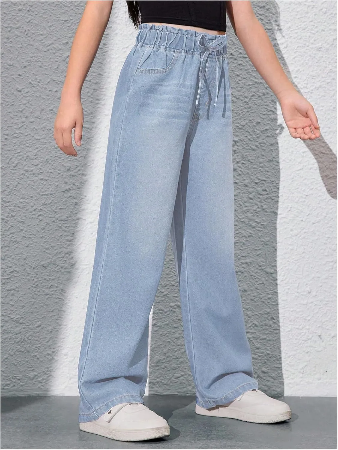Girl's Drawstring Elastic High Waisted Jeans Straight Leg Denim Pants Casual Jeans with Pockets