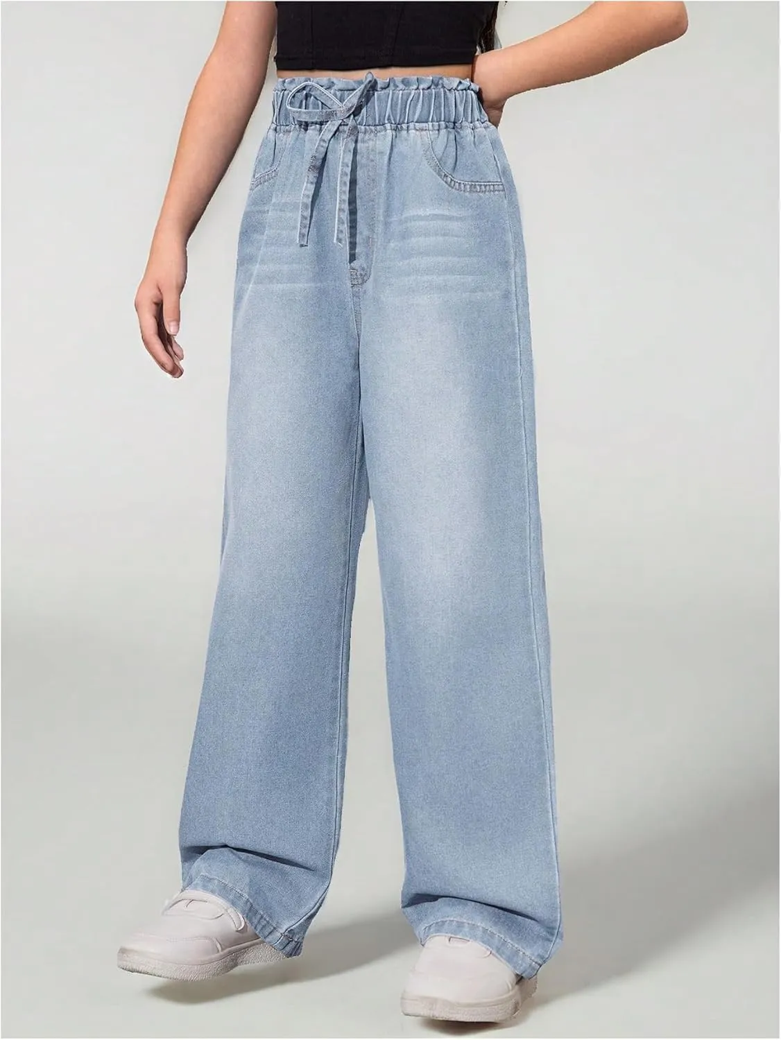 Girl's Drawstring Elastic High Waisted Jeans Straight Leg Denim Pants Casual Jeans with Pockets