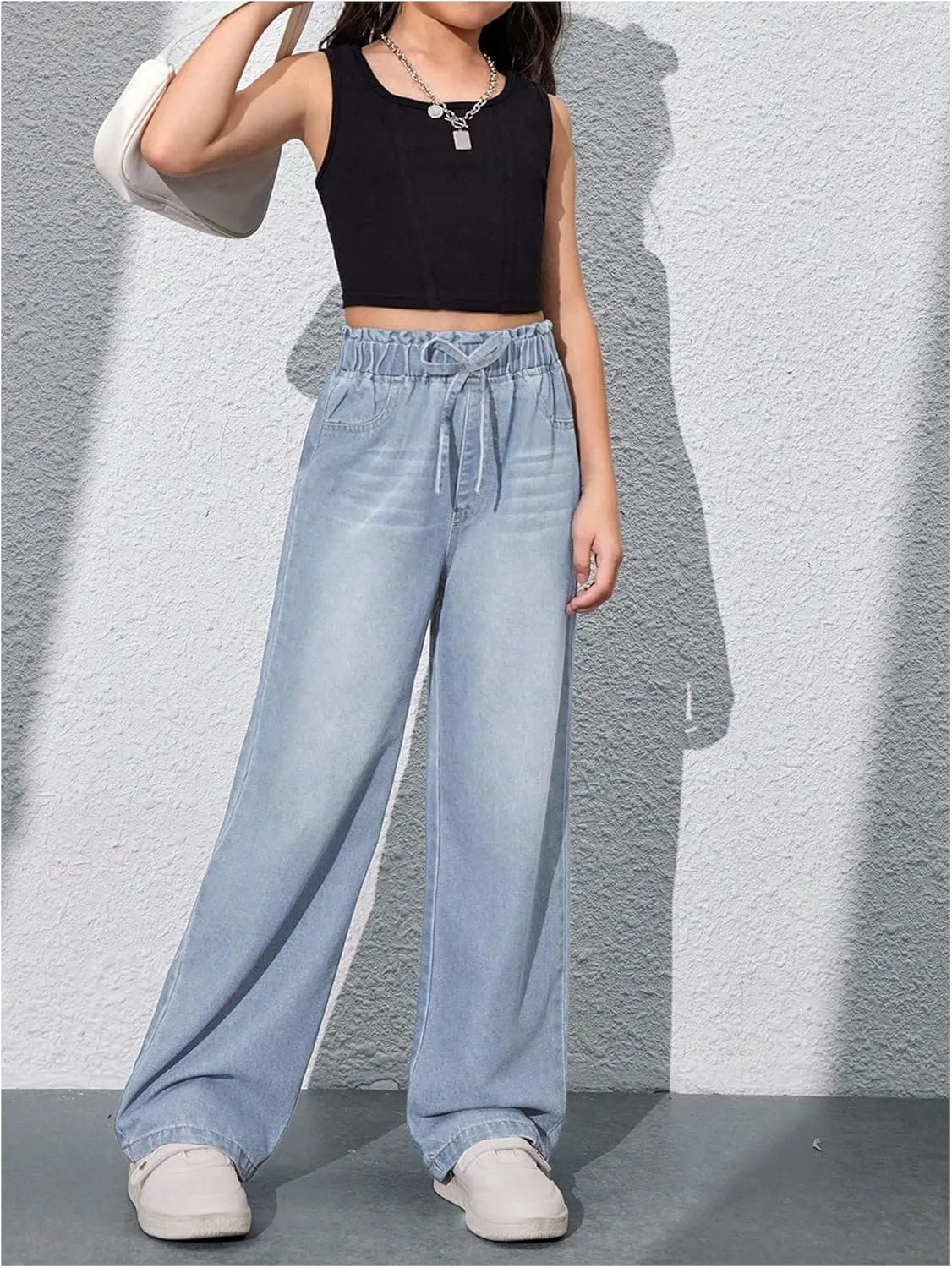 Girl's Drawstring Elastic High Waisted Jeans Straight Leg Denim Pants Casual Jeans with Pockets