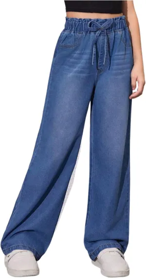 Girl's Drawstring Elastic High Waisted Jeans Straight Leg Denim Pants Casual Jeans with Pockets