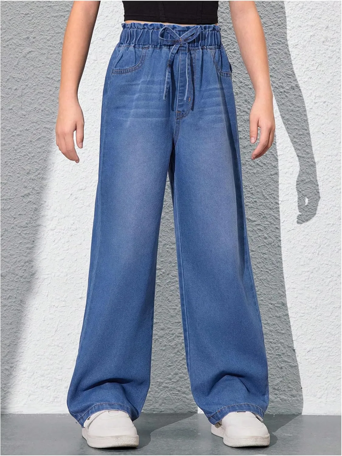 Girl's Drawstring Elastic High Waisted Jeans Straight Leg Denim Pants Casual Jeans with Pockets