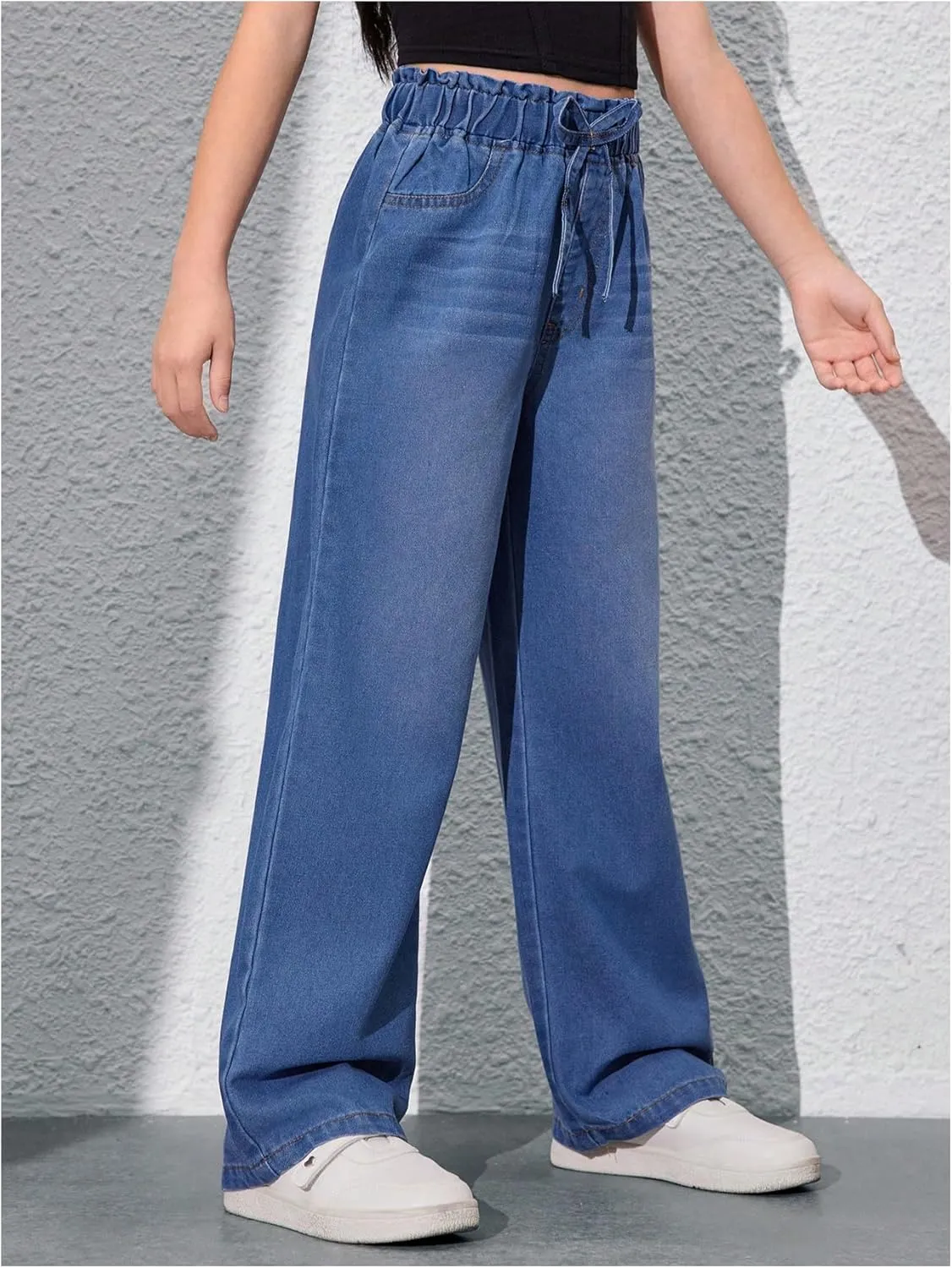 Girl's Drawstring Elastic High Waisted Jeans Straight Leg Denim Pants Casual Jeans with Pockets