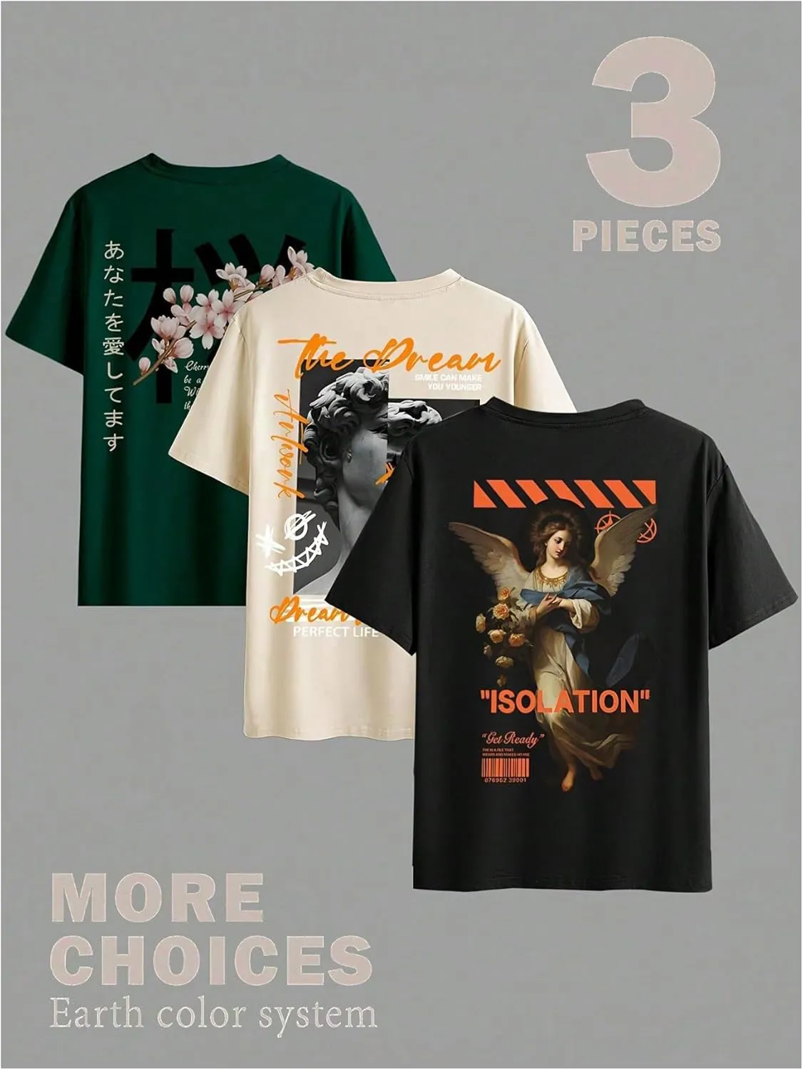 GORGLITTER Men's 3 Pack Vintage Graphic Tee Shirt Short Sleeve Crew Neck Casual Streetwear T-Shirts