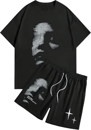 GORGLITTER Men's Vacation Summer Outfits Grunge Tee Shirt and Graphic Shorts Set Drippy Clothes