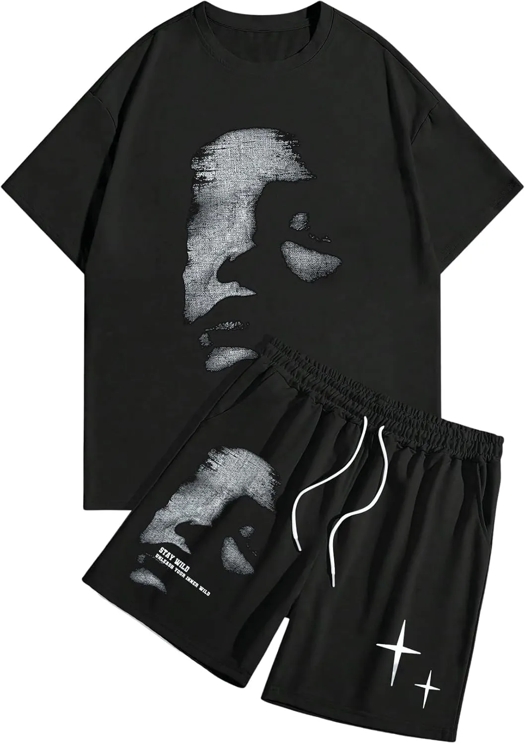 GORGLITTER Men's Vacation Summer Outfits Grunge Tee Shirt and Graphic Shorts Set Drippy Clothes