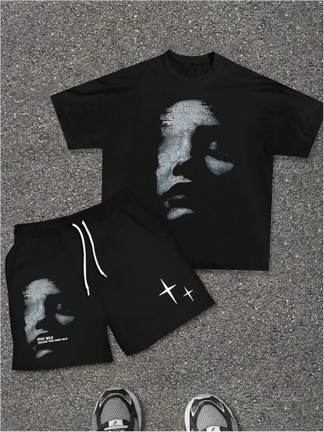 GORGLITTER Men's Vacation Summer Outfits Grunge Tee Shirt and Graphic Shorts Set Drippy Clothes