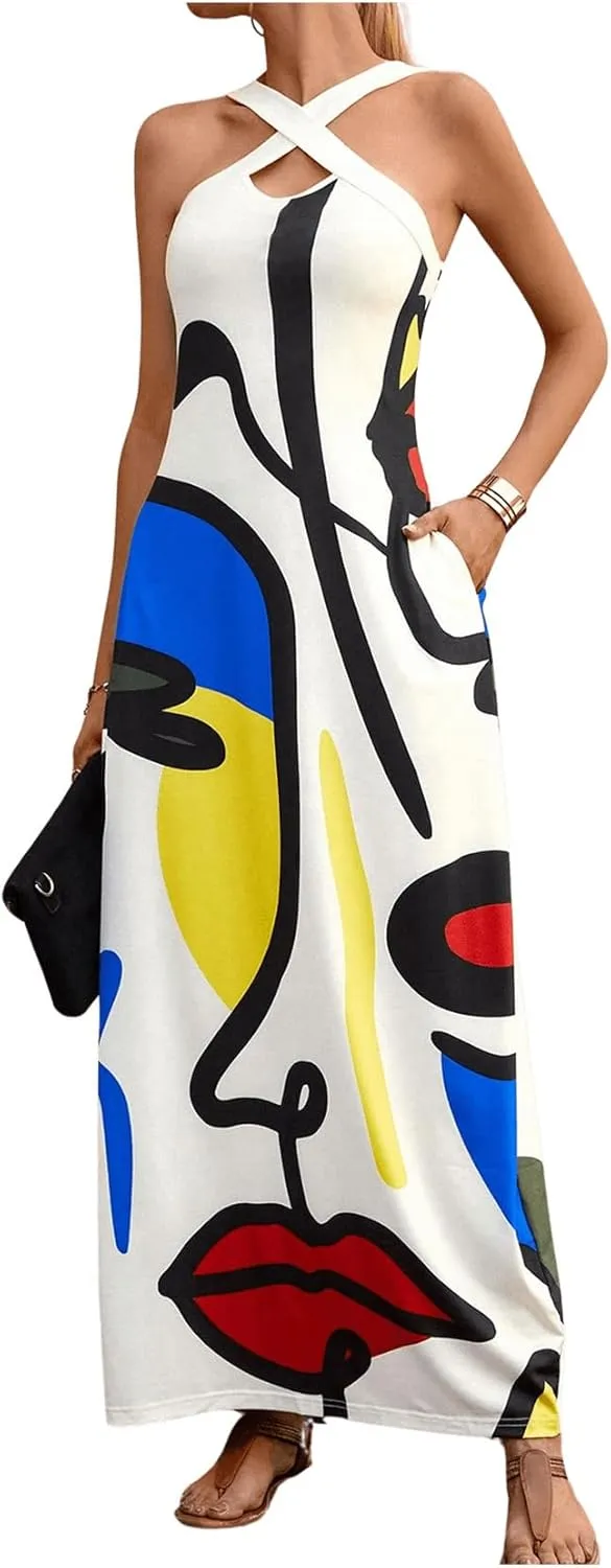 GORGLITTER Women's Graphic Criss Cross Halter Dresss Sleeveless Flowy A Line Maxi Dresses