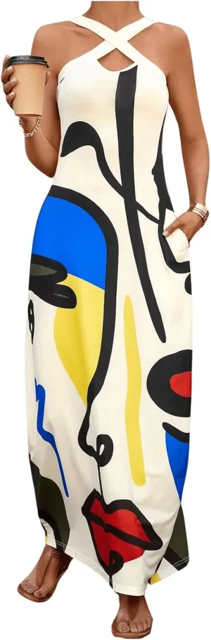 GORGLITTER Women's Graphic Criss Cross Halter Dresss Sleeveless Flowy A Line Maxi Dresses