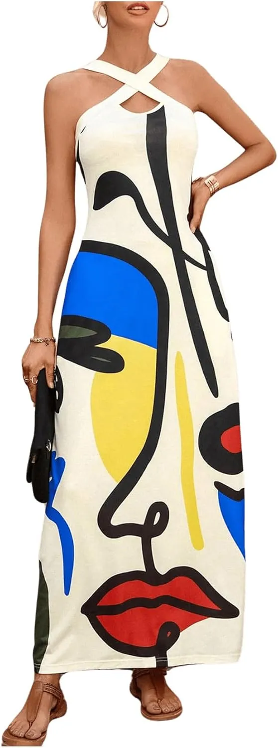 GORGLITTER Women's Graphic Criss Cross Halter Dresss Sleeveless Flowy A Line Maxi Dresses