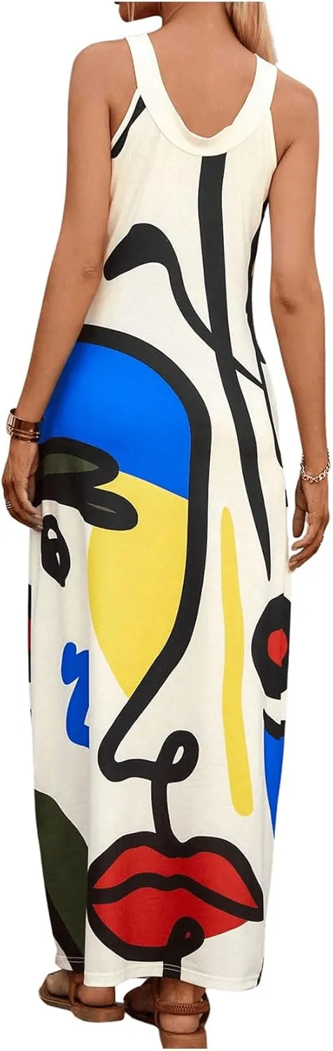 GORGLITTER Women's Graphic Criss Cross Halter Dresss Sleeveless Flowy A Line Maxi Dresses