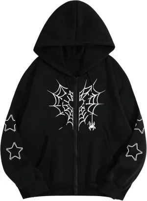 GORGLITTER Women's Zip Up Spider Hoodie Graphic Long Sleeve Colorblock Oversized Y2k Hoodies Sweatshirt