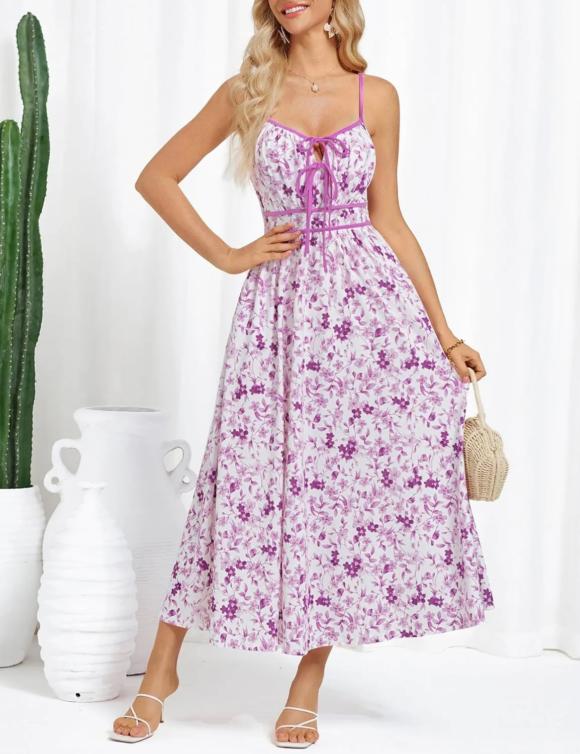 GRACE KARIN Women's 2025 Summer Casual Floral Boho Dress Spaghetti Strap Flowy Beach Maxi Dresses