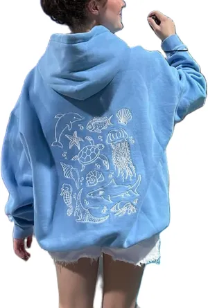 Graphic Hoodies Women Y2k Oversized Sweatshirt Long Sleeve Pullover Sweater Cute Hooded Preppy Top Aesthetic Shirts (Blue Sea Animal, M)