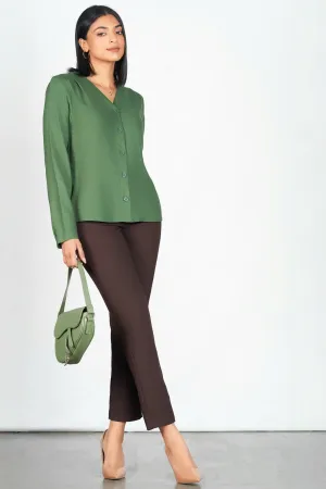 Green V Button Up Top