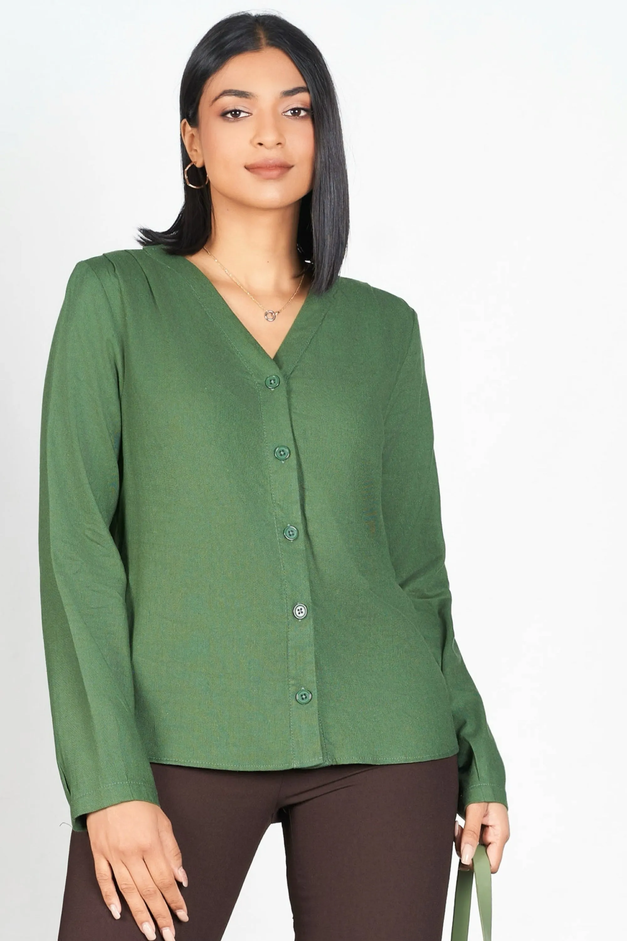 Green V Button Up Top