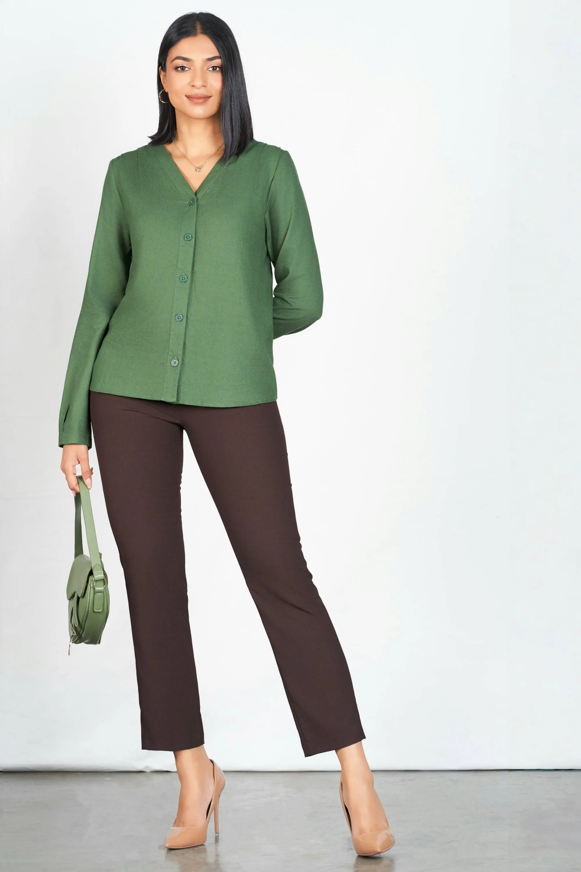 Green V Button Up Top